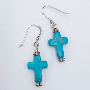 Blue Stone Cross Earrings On Sterling Silver Ear Wires